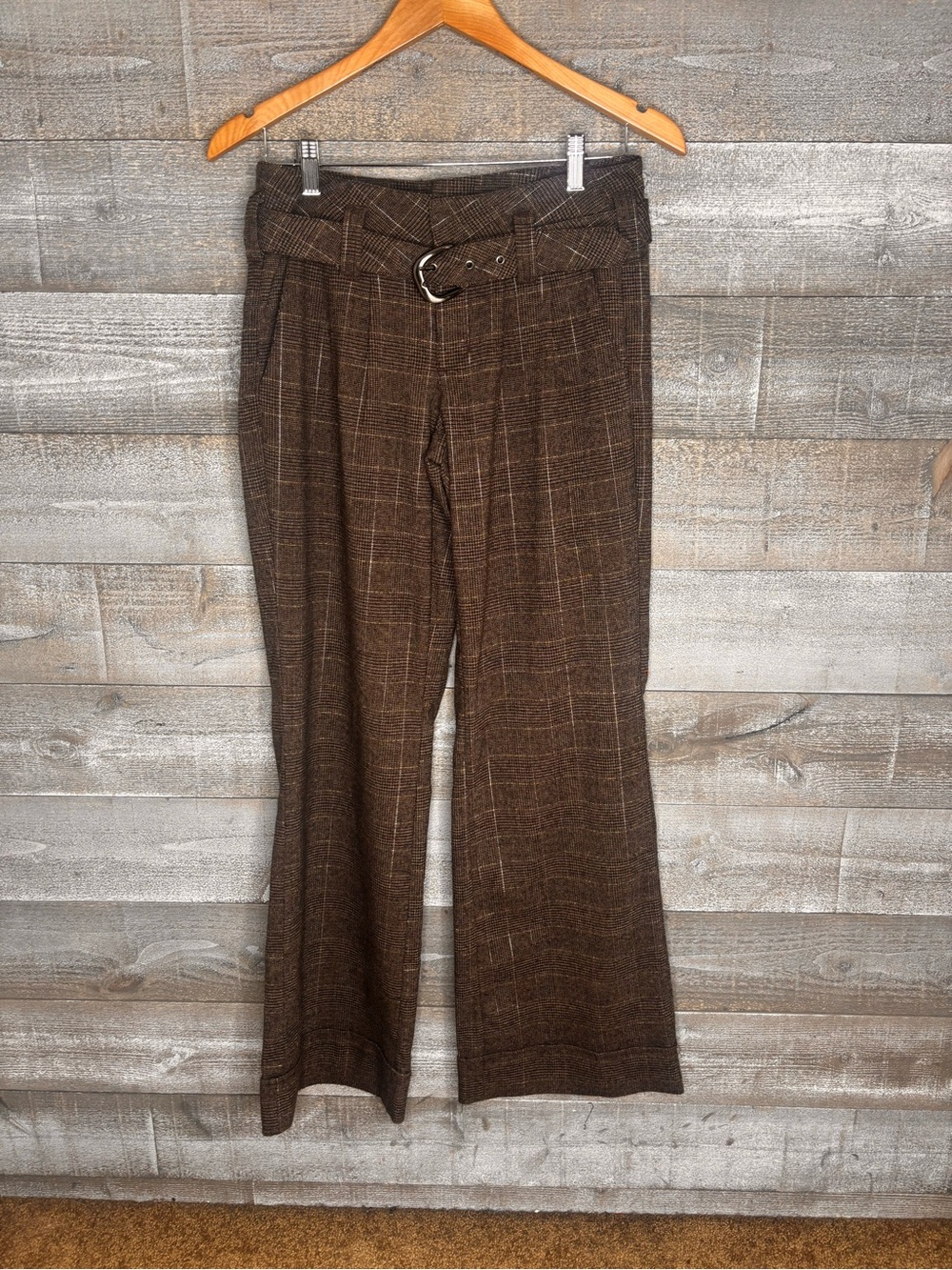 dELiA*s vintage Y2K 2000s Brown Plaid tartan Wide-Leg Belted Trousers academia